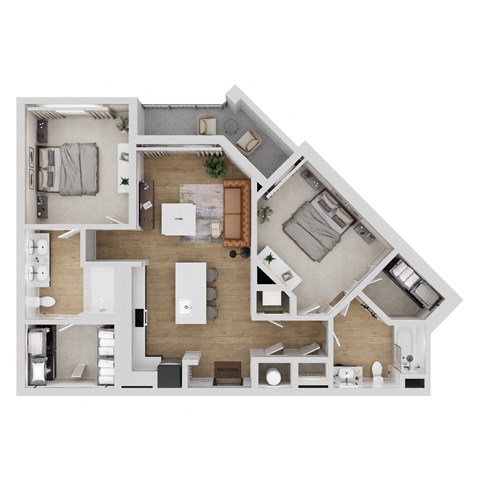 A top-down view of a modern apartment layout.